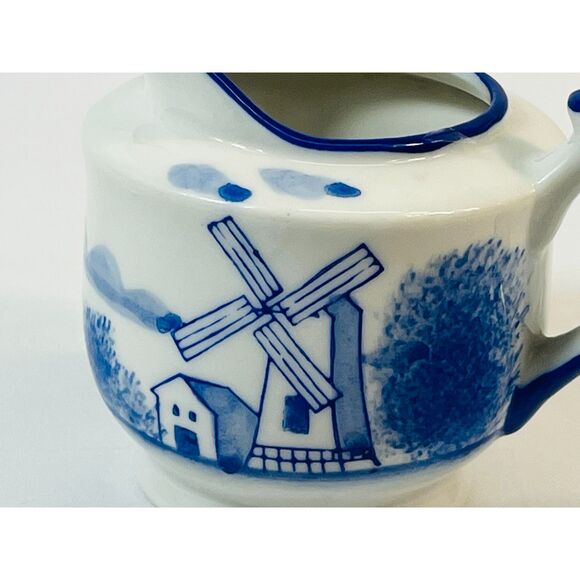 Vintage Windmill Blue White Creamer Milk Pitcher Japan Serving Farmhouse - Picture 2 of 9
